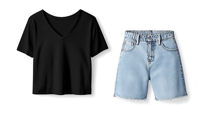 Black v-neck tee and light denim shorts mockup on white