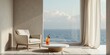 © Urenus Photos - Coastal Relaxation A Serene Room with Ocean View, Comfortable Armchair, and Refreshing Beverage