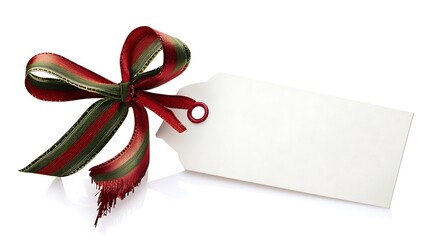 Blank gift tag with red and green ribbon bow on white