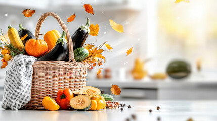 Aufkleber - basket overflowing with vibrant vegetables like eggplant, pumpkin, and squash, surrounded by autumn leaves, creates warm and inviting kitchen scene