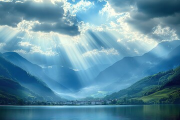 Stunning Panoramic View of Zell am See Lake: Austrian Alps Majesty sky blue calm water green photo  