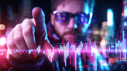 Fototapete - businessman pointing at digital graph with vibrant colors, showcasing upward trends in futuristic cityscape. scene conveys sense of innovation and progress
