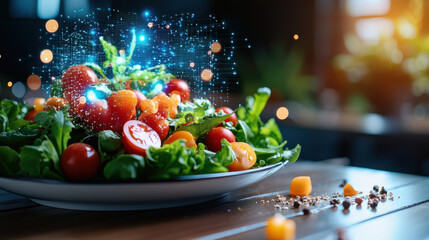 Poster - vibrant salad with fresh vegetables and digital effects, showcasing food technology innovation. This captures essence of modern culinary advancements and healthy eating