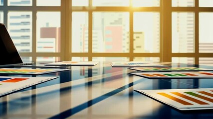 Aufkleber - Modern Workspace with Laptop and Colorful Charts on Glass Table in Bright Office