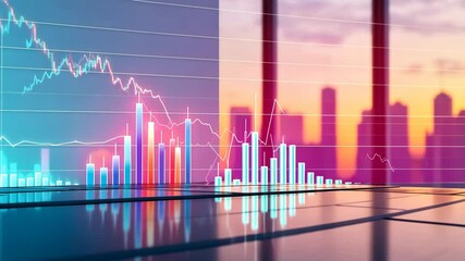 Poster - Modern Financial Graph with Rising Trend Overlooking Urban Sunset Cityscape