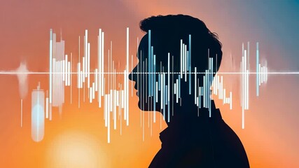 Poster - Silhouette Profile against Sound Wave Illustration with Warm Sunset Background