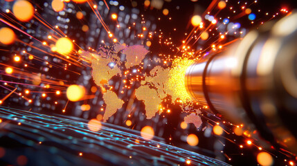 Aufkleber - cinematic perspective of interconnected markets with glowing elements, showcasing world map illuminated by vibrant sparks and light trails, symbolizing global connectivity and innovation
