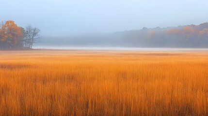 A foggy autumn morning in a field of tall golden grass