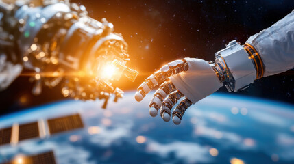 Fototapete - robotic arm reaches out to connect with satellite in space, showcasing advanced technology and human innovation. scene captures beauty of exploration and connection