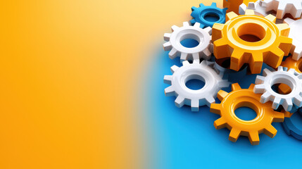 Fototapete - Conceptual image of interlocking gears in vibrant colors, symbolizing teamwork and collaboration. design features yellow, white, and blue gears on gradient background