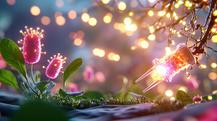 Fototapete - vibrant visualization of nanotechnology in biotechnology, featuring glowing microorganisms and intricate plant life, creating surreal and captivating atmosphere