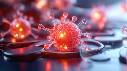 Fototapete - detailed visualization of nanotechnology in biotechnology, showcasing vibrant red nanostructures resembling viruses, highlighting innovation and scientific advancement