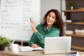 Aufkleber - online foreign languages tutoring. joyful lady teacher giving english class, pointing at blackboard 
