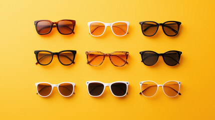 Fototapete - Creative flat lay of various sunglasses styles on vibrant yellow background, showcasing different shapes and colors for stylish summer look