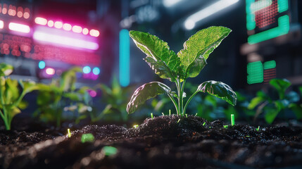 Aufkleber - creative futuristic depiction of vegetable production with vibrant neon lights illuminating young plants growing in rich soil, showcasing innovation in agriculture