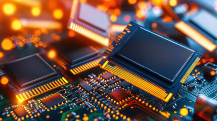 Poster - High tech solid state memory modules on circuit board with glowing elements, showcasing advanced technology and innovation in electronics