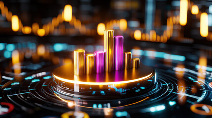 Poster - vibrant digital representation of financial data with colorful bars, showcasing growth and analysis in modern, high tech environment. glowing elements create engaging visual experience