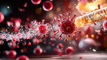 Fototapete - 3D illustration of nanotechnology targeting viruses in bloodstream, showcasing red blood cells and viral particles. This highlights advanced medical research and innovation