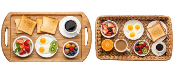 Wall Mural - Breakfast trays with toast, eggs, and fruit isolated with transparent background