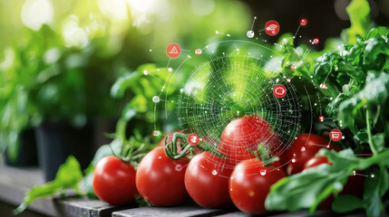 Poster - Fresh tomatoes with digital nutritional data overlay, showcasing healthy eating. This vibrant image highlights connection between technology and agriculture