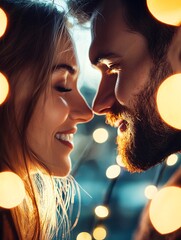 Poster - A close-up of a young couple exchanging smiles, their faces framed with bokeh light effects, emphasizing love and connection