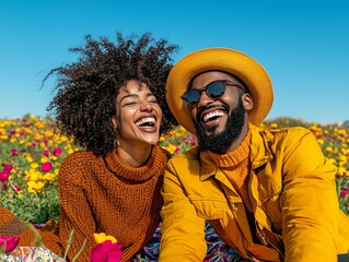 Poster - A romantic couple sharing a laugh while sitting on a picnic blanket in a field of flowers under a clear blue sky