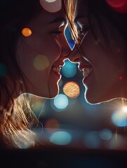 Poster - A close-up of a young couple exchanging smiles, their faces framed with bokeh light effects, emphasizing love and connection