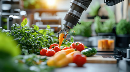 Aufkleber - futuristic automated kitchen preparing vegetable dishes with robotic technology. scene showcases vibrant vegetables like tomatoes, cucumbers, and carrots, highlighting innovation in cooking