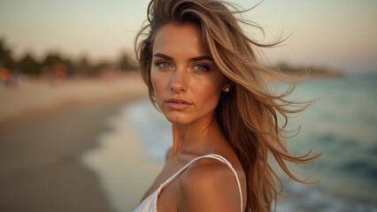 Wall Mural - A woman with long hair standing on a beach