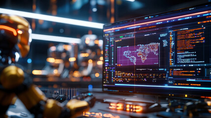 Leinwandbilder - Futuristic engineering lab with robotic assistants and advanced technology. robot interacts with computer displaying global data and coding