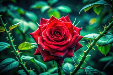 Wall Mural - Surreal red rose: a macro view of delicate petals, sharp thorns, vibrant garden bloom.