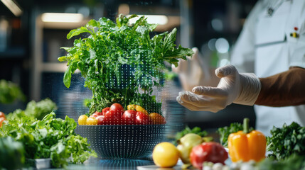 Aufkleber - futuristic food lab showcasing digital technology in food preparation, featuring fresh vegetables and herbs in high tech environment. scene emphasizes innovation and sustainability