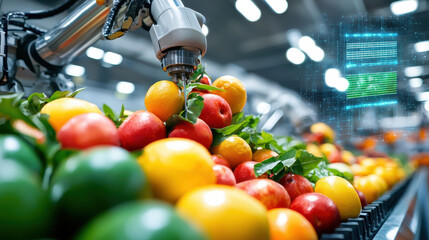 Aufkleber - Futuristic fruit processing facility with robots packing colorful fruits. scene showcases automation in agriculture, highlighting efficiency and technology in food handling