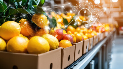 Poster - Futuristic fruit processing facility with robots packing oranges and apples. Advanced technology enhances efficiency in fruit handling and storage, showcasing innovation in agriculture