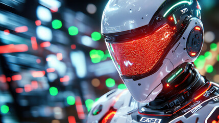 Poster - Futuristic robot with sleek design and glowing red visor, showcasing advanced technology and intricate details. background features vibrant lights, enhancing sci fi atmosphere