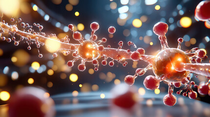 Poster - Futuristic rendering of nanotechnology in biotechnology, showcasing intricate molecular structures and glowing particles. This captures essence of advanced scientific innovation