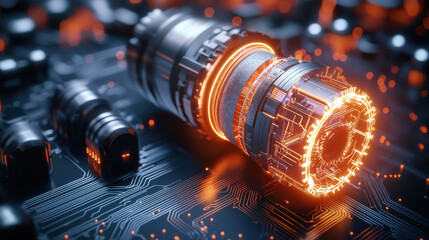Poster - futuristic rendering of solid state technology components with glowing elements, showcasing intricate details and high tech aesthetic