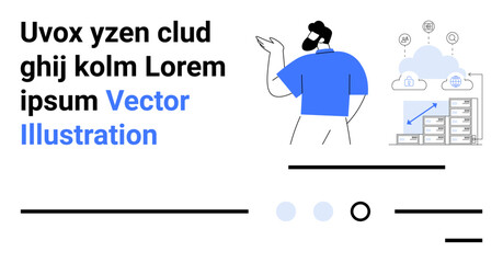 Poster - Man in blue shirt gestures towards cloud network icons, servers, and data flow chart. Ideal for technology, cloud computing, data management, IT services, network solutions, digital transformation