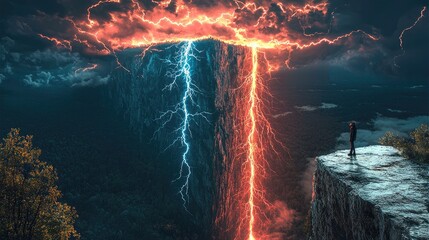 Wall Mural - on the edge of the cliff, there is a forest on the opposite side. there is a thick red lightning and