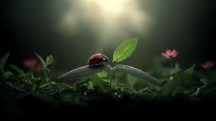 Wall Mural - A vibrant ladybug perched on a green leaf amidst a soft-focus background of blooming flowers