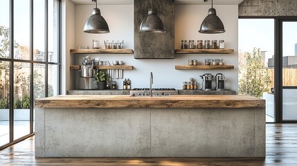 Poster - Modern kitchen design with concrete island dark brown wood floor and light grey kitchen color. with wood table top.