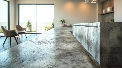Poster - Modern kitchen design with concrete island dark brown wood floor and light grey kitchen color. with wood table top.