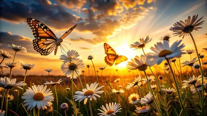 Wall Mural - Silhouetted daisies and butterflies dance against a fiery sunset meadow.