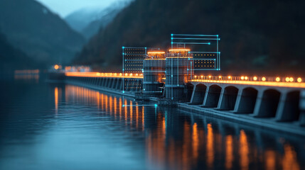 Aufkleber - hydroelectric plant at night, illuminated with vibrant lights and digital overlays, reflecting on calm water. scene captures blend of technology and nature beautifully