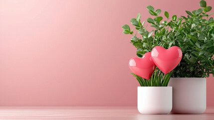 Poster - Minimalist design featuring heart shaped decorations and green plants. This elegant arrangement adds touch of love and freshness to any space, perfect for home decor