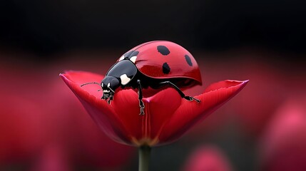 Wall Mural - A vibrant ladybug perched on a red tulip amidst a colorful floral background, showcasing nature's beauty