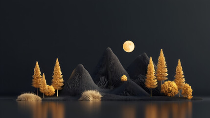 Poster - Black mountains golden trees, and light moon in dark background. 3d art decor wallpaper landscape