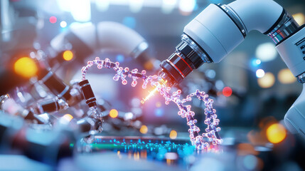 Aufkleber - modern illustration of robotics and nanotechnology enhancing biotechnology, showcasing robotic arms manipulating molecular structures with precision and innovation
