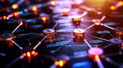 Aufkleber - modern visualization of global money flow, showcasing interconnected financial networks with glowing nodes and dollar symbols. This represents dynamic nature of digital finance