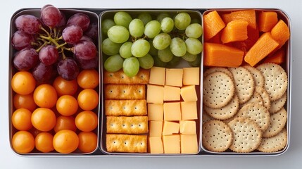 Canvas Print - Vibrant lunch box with healthy snacks, cheese cubes, crackers, and grapes, neatly arranged, isolated on white background. top down view.